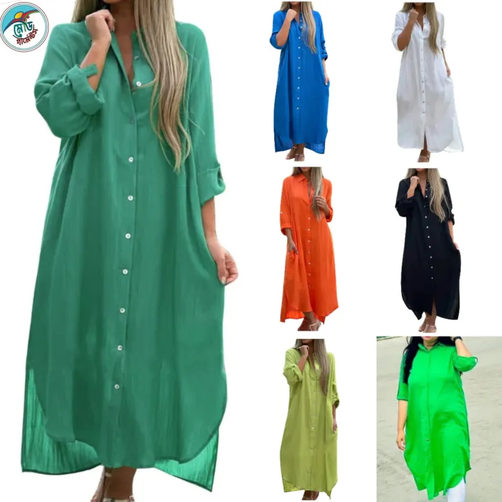 Ladies’ Cotton Linen Long Sleeve Shirt Dress – Oversized Casual Maxi ...