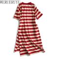 Striped Print Short Sleeve Midi Dress Summer Aesthetic Clothes Korean Fashion Casual Harajuku Dresses for Women 2023 Vestidos.
