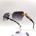 Trendy Vintage Rimless Polygonal Faceted Lens Sunglasses, With Leopard Design Temples, For Men Women Party Vacation Travel Driving Fishing Decors Photo Props. 