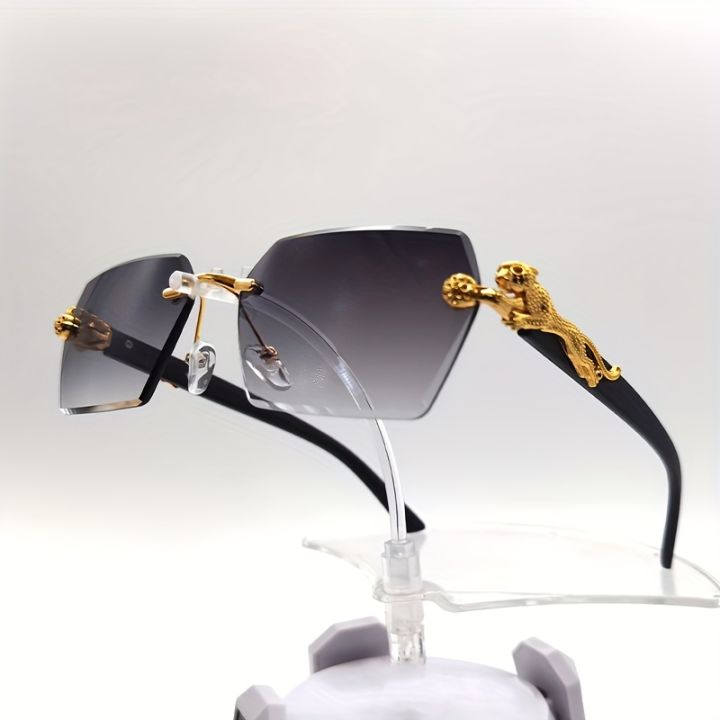 Trendy Vintage Rimless Polygonal Faceted Lens Sunglasses, With Leopard Design Temples, For Men Women Party Vacation Travel Driving Fishing Decors Photo Props