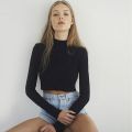 Women Slim Soft Elastic Turtleneck Solid Crop Tops Girl Long Sleeve Short T-Shirts Tees Female Spring Autumn Short Casual Tee.