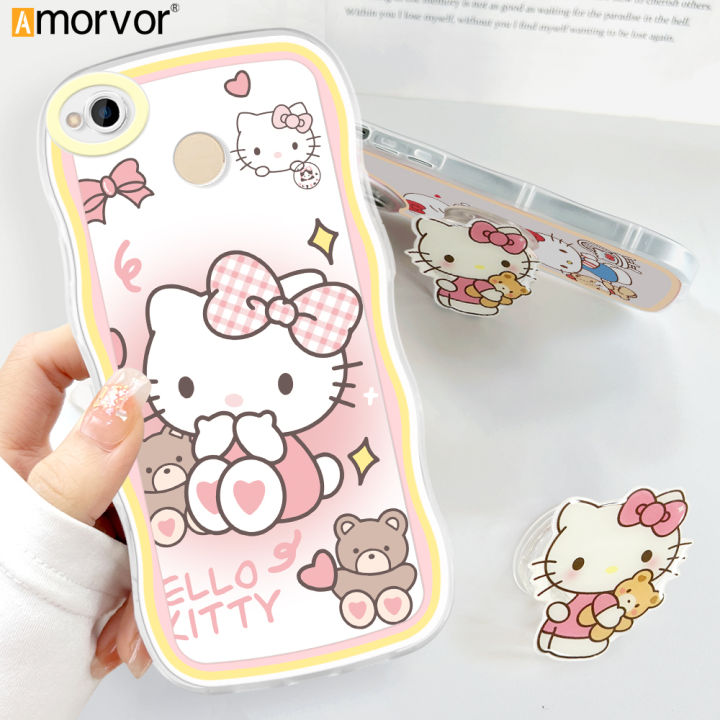 AMORVOR for Redmi 4X Back Cover With Free Holder Cartoon Kitty Soft Wavy Phone Case Camera Protection Transparent TPU Soft Cover