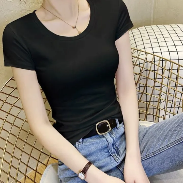 White%20Slim%20FitTT-shirt%20Women's%20Summer%20Pure%20Cotton2022New%20Pure%20Color%20Tight%20Top%20T-shirt%20Thin%20Bottoming%20Shirt%20-%20Image%206