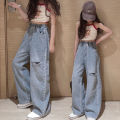 IENENS High Waist Jeans Girl Straight Loose Wide-leg Pants Spring and Autumn Korean Baggy Jeans Fashion Kids Denim Trousers. 