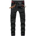 Motorcycle Denim Pants Men's Black Jeans Fashion Stretch Zipper Skinny Jeans Pleated Moto Biker Men Slim Pants Hot Selling. 