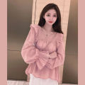 Ruffled Chiffon Shirt for Women Spring and Autumn New French Style Large Size Loose Slimming Slim-Fit Younger V Collar Pullover Top.
