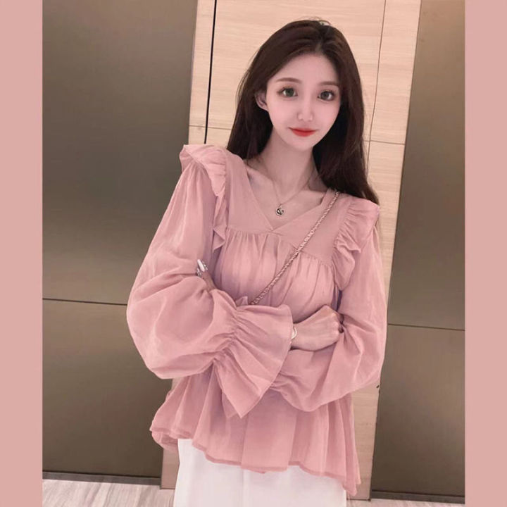 Ruffled Chiffon Shirt for Women Spring and Autumn New French Style Large Size Loose Slimming Slim-Fit Younger V Collar Pullover Top