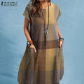 ZANZEA Women Short Sleeve Round Neck Plaid T-Shirt Dress Summer Beach Midi Dresses.