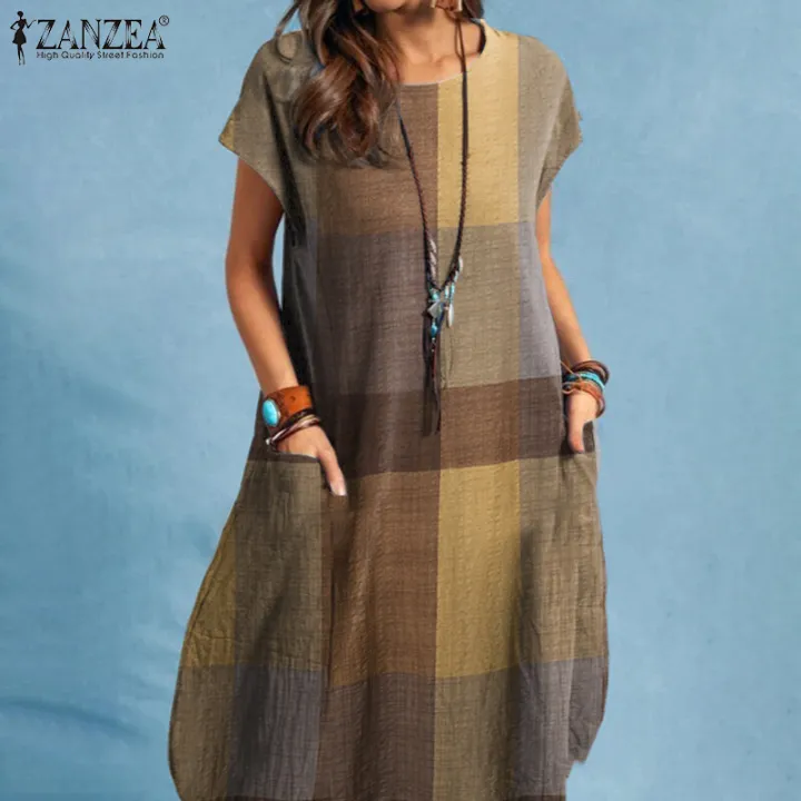 ZANZEA%20Women%20Short%20Sleeve%20Round%20Neck%20Plaid%20T-Shirt%20Dress%20Summer%20Beach%20Midi%20Dresses%20-%20Image%206