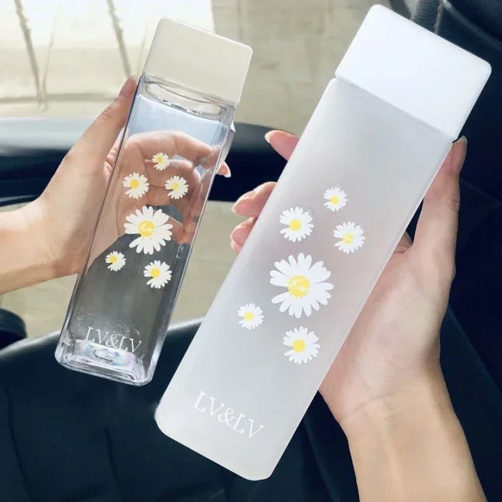 500ml Square Transparent Water Bottle Summer Daisy Flowers Water Bottles for Girls Plastic Outdoor Sports Cup Travel Kawaii Kids