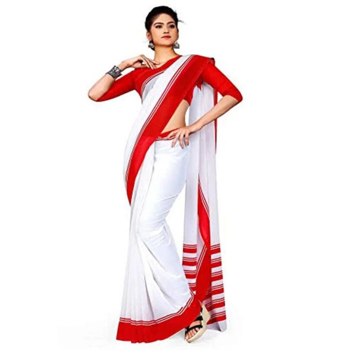 White And Red Combination Color 12 Hand Half Silk High Quality Comfortable Saree With Gold Border - Timeless Elegance for Women