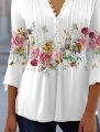 V-neck Printed Button Waist Cropped Top T-shirt Women Shirt Casual Loose Long-sleeved Shirt Elegant Printed Temperament Tops. 