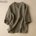 Women V Neck 3/4 Sleeve Solid Shirt 2023 Casual Loose Blouse - Cotton Blusas.