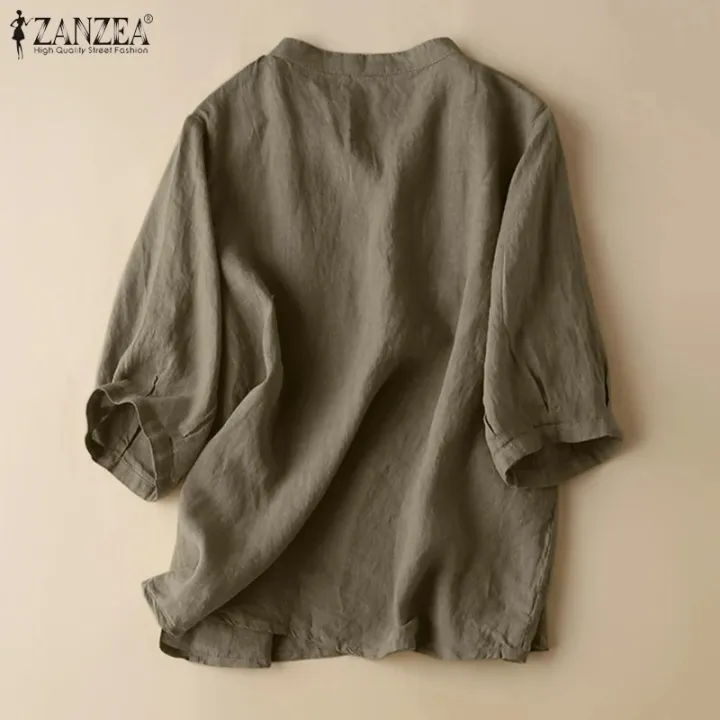 Women%20V%20Neck%203/4%20Sleeve%20Solid%20Shirt%202023%20Casual%20Loose%20Blouse%20-%20Cotton%20Blusas%20-%20Image%203