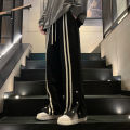 Autumn and Winter New Men's Casual Pants Korean Style Fashion Brand Striped Breasted Straight-Leg Trousers Loose Draping Effect Wide-Leg Pants.