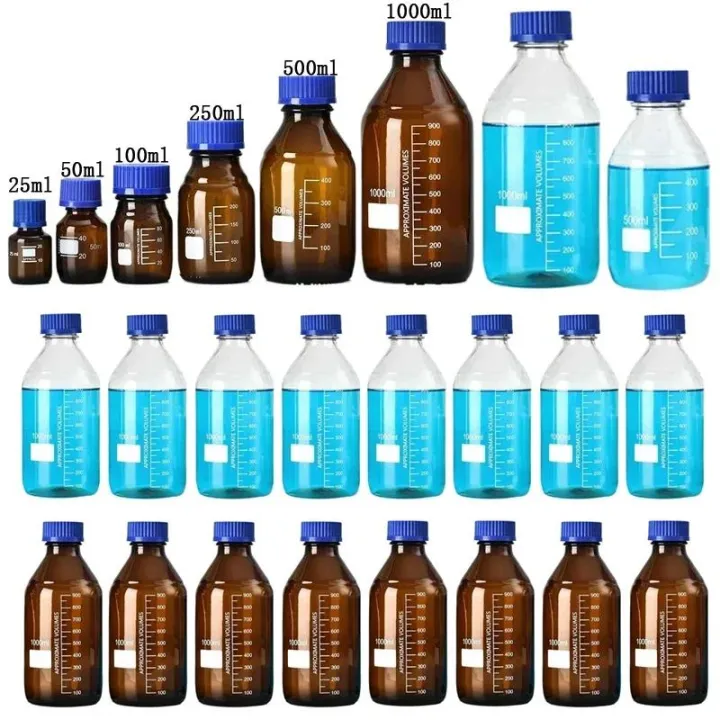 25-50ml Amber Clear Blue Lid Reagent Vial Portable Travel Glass Storage ...