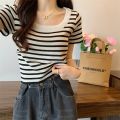 French Style Big u Collar Black and White Striped Shoulder Square Collar Short Sleeve T T-shirt Women's Summer Design Sense Niche Short Clavicle Top. 