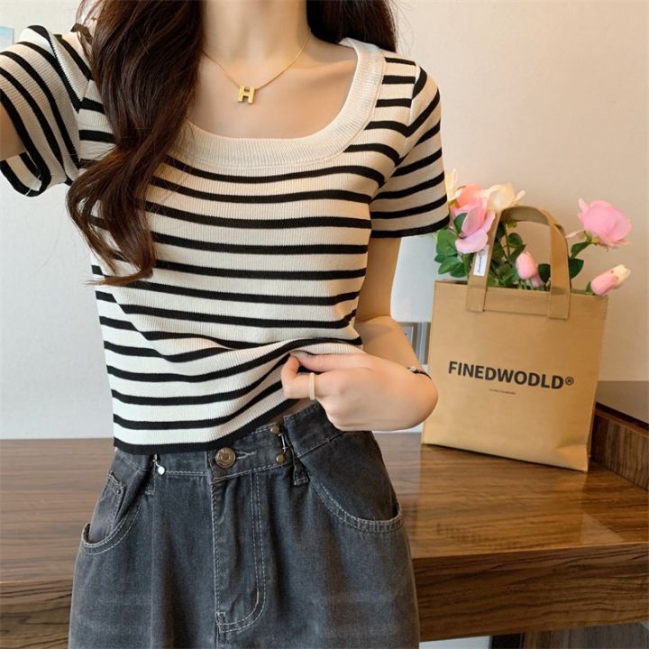 French Style Big u Collar Black and White Striped Shoulder Square Collar Short Sleeve T T-shirt Women's Summer Design Sense Niche Short Clavicle Top