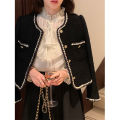 Vintage Cropped Tweed Jackets Women Elegant Black Thicken Coat Korean Single Breasted Blazer Casual Warm Short Outerwear Tops. 