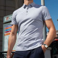 Summer New Sports Fitness Men Polo Shirt Lapel Short Sleeve Breathable Solid Color Slim Casual High Elastic Quick-Drying T-shirt. 