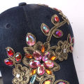 Women Baseball Hat Comfortable Women Rhinestone Flower Denim Hat. 