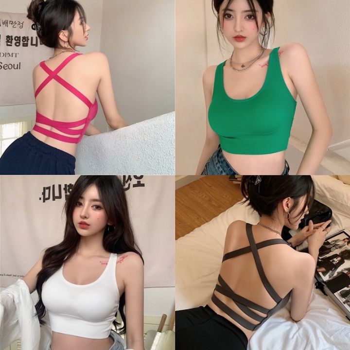 Hot Girl Sexy Beauty Back Knitted Small Tank Top Vest Women's Inner Wear Summer Underwired Padded Outer Wear Underwear Top
