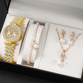 Luxurious 5pcs Set of Fashionable Metal Women's Quartz Watches & Pearl Jewelry, Perfect for Ladies & Girls.