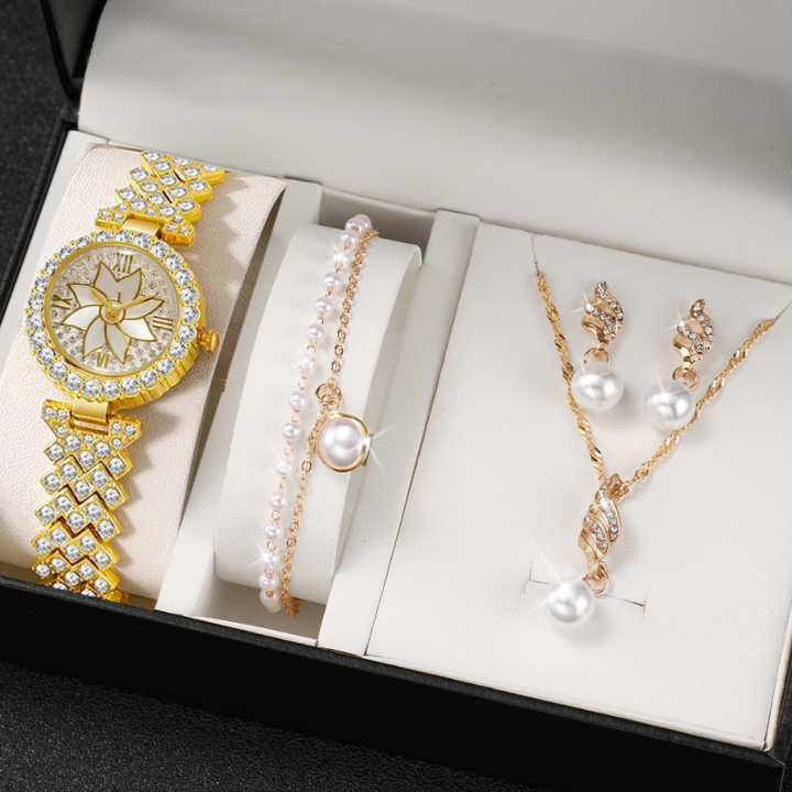 Luxurious%205pcs%20Set%20of%20Fashionable%20Metal%20Women's%20Quartz%20Watches%20&%20Pearl%20Jewelry,%20Perfect%20for%20Ladies%20&%20Girls%20-%20Image%202