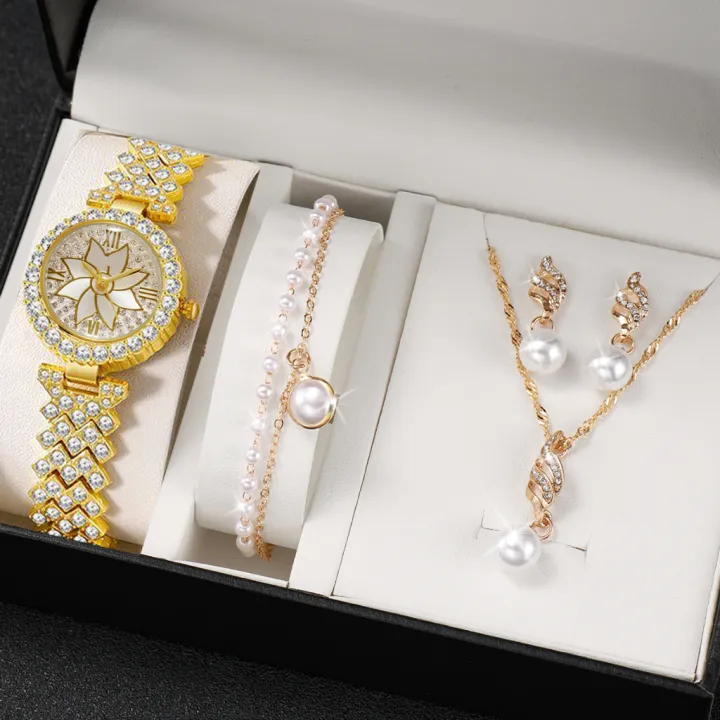 Luxurious%205pcs%20Set%20of%20Fashionable%20Metal%20Women's%20Quartz%20Watches%20&%20Pearl%20Jewelry,%20Perfect%20for%20Ladies%20&%20Girls%20-%20Image%202