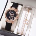 2pcs Women's Quartz Wristwatch and Bracelet Waterproof Leather Strap Ladies Watches Butterfly Dial Girl Casual Watch.