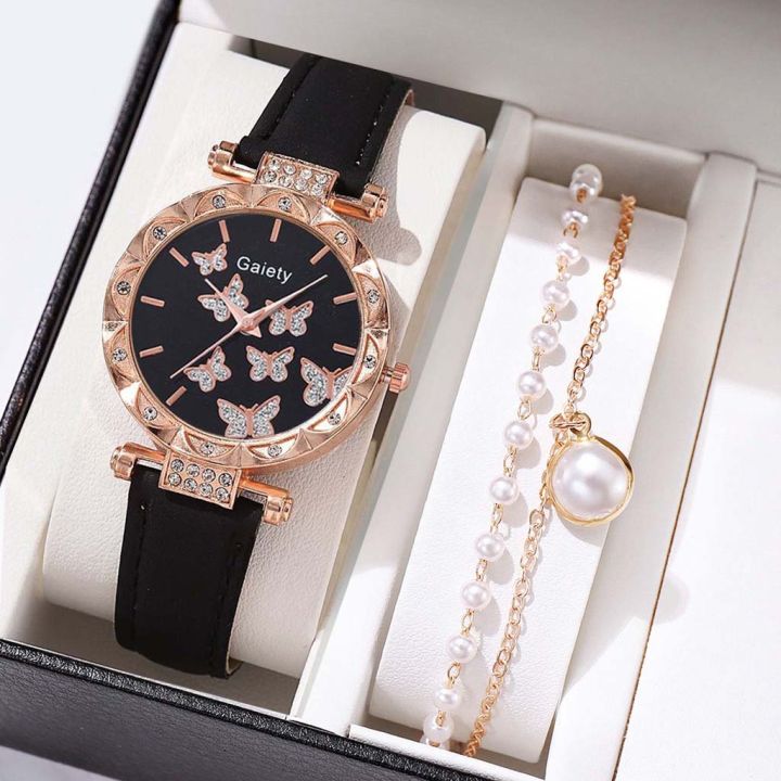 2pcs Women's Quartz Wristwatch and Bracelet Waterproof Leather Strap Ladies Watches Butterfly Dial Girl Casual Watch