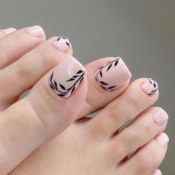 24pcs Red Grid Seamless Removable Toe Nails Reusable Acrylic Press On Nail Tips Full Cover Waterproof False Toenails