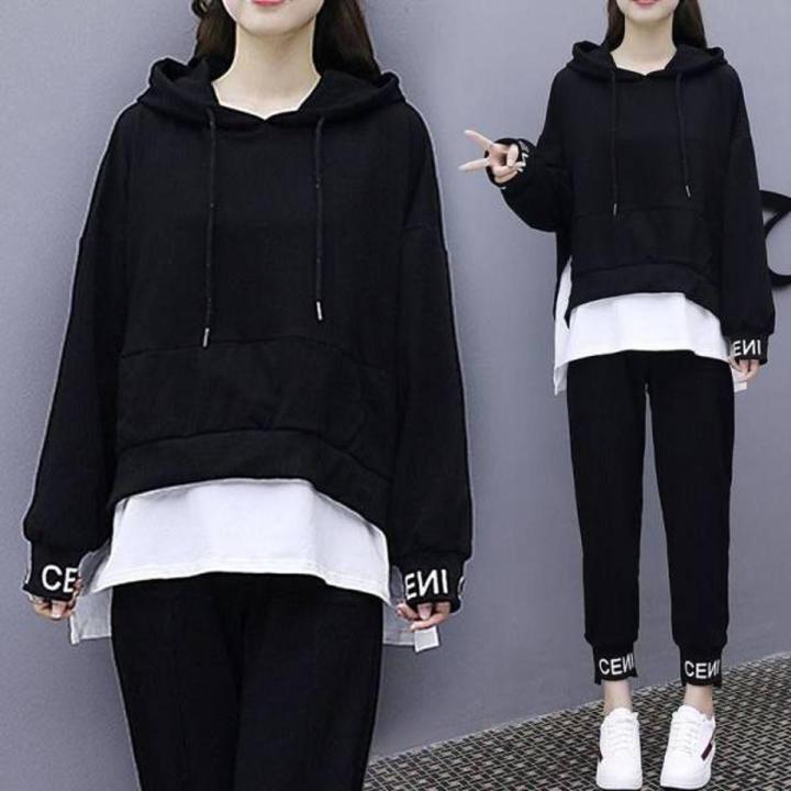 Junior High School Student Loose plus Size Women's Clothing Sportswear2022Spring and Autumn FatmmHip-Hop Pullover Girl Set