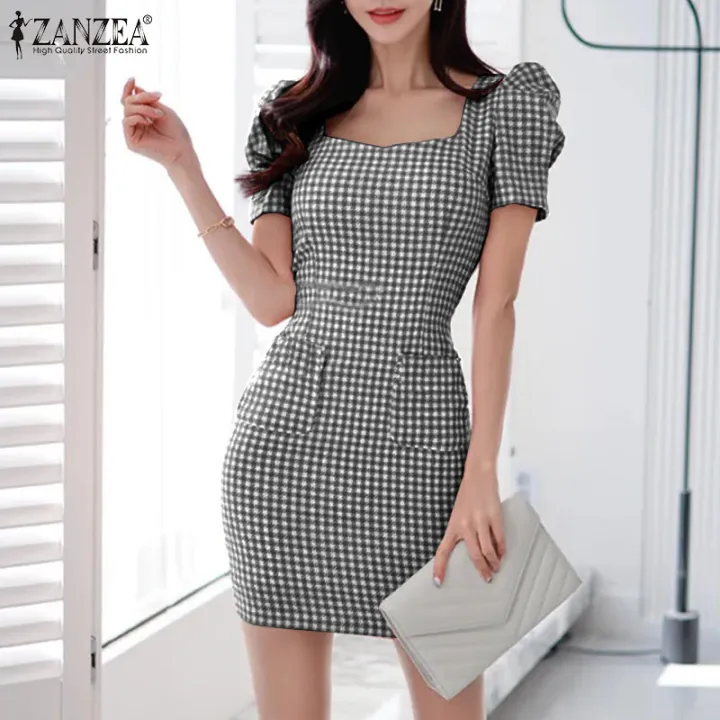 Korean%20Style%20Womens%20Geometric%20Printed%20Sundress%20Elegant%20Square%20Neck%20Mini%20Dress%20#11%20-%20Image%204