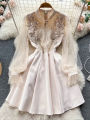 Women Beaded Vintage Dress Fashion High Waist Patchwork Gauze Elegant Dresses Ladies A Line Spring Autumn Apricot Robe Vestidos. 
