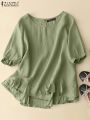 Woman Vintage Solid Blouse Femme Half Sleeve O-Neck Shirt Elegant Casual Tunic Tops Blusas.
