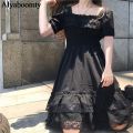 Japanese Harajuku Summer Women Black Mini Dress Square Collar High Waist Puff Sleeve Dress Gothic Lace Ruffles Cosplay Dresses. 