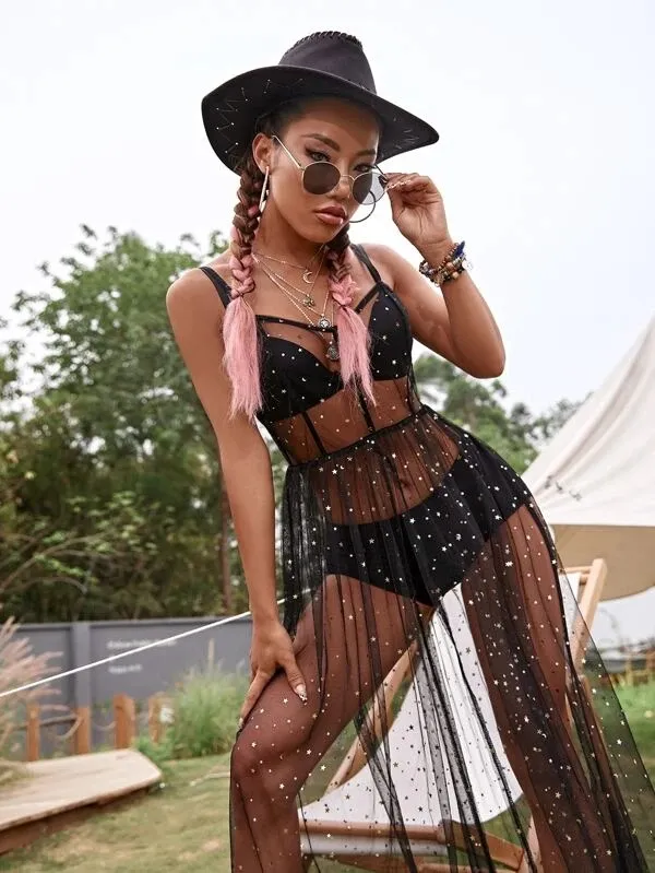 ins Wind Street Straps Tulle Bikini Cover Dress XINGX Sheer Mesh