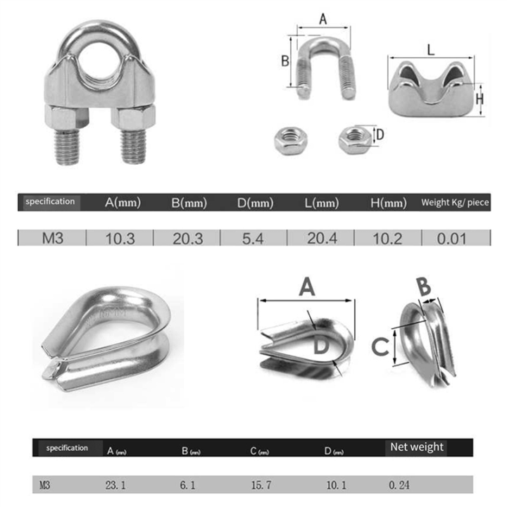 50 PCS Wire Rope Kit M3 Metal Wire Rope Cable Clamp and M3 Stainless ...