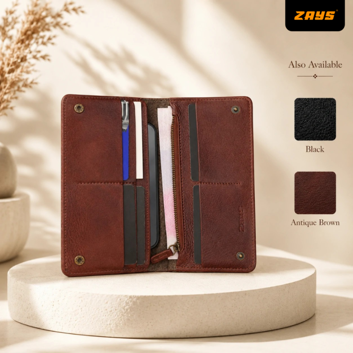Zays Premium Full-Grain Leather Long Wallet for Men & Women, Slim Wallet 7.4 x 3.5 x 0.5 Inch, 6 Card Slots, Cash Compartment, Zipper Pocket, Mobile Holder Fits 6.9 Inch Phone, Formal & Casual Gift Wallet