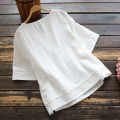 Sleeve Spliced Hollow Out Tops Blouse Round Neck Loose Ladies Retro Casual Petticoat Solid Color Cotton Linen Top Half Sleeve Round Neck Stitched Shirt Hollow Top Women Shirt Half.