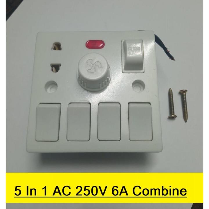 Universal 5 In 1 AC 250V 6A Combine 4 Pcs Gang Switch + Fan Dimmer Regulator + 2 Pin Socket and LED Indicator + Fuse Combine Wall Gang Switch Box