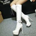 Plus Size Lace up Tall Knight Boots Autumn and Winter Women's Shoes Waterproof Platform round Toe Stiletto Heel Long Nightclub Boots. 