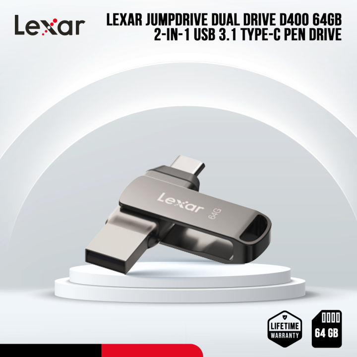 Lexar JumpDrive Dual Drive D400 64GB 2-in-1 USB 3.1 Type-C Pen Drive with 256-bit AES Encryption - PC/Android/Mac Compatible