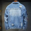 Men Brand Denim Jacket Streetwear Punk Motorcycle Ripped Print Cowboy Coats High Quality Casual Hole Loose Male Jeans Outwear.