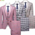 Red Striped Plaid Suit 3-piece Men's Wedding Party Dress Jacket and Pants Vest Fashion Slim Men Blazer Coat Trousers Waistcoat. 