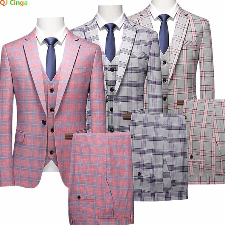 Red Striped Plaid Suit 3-piece Men's Wedding Party Dress Jacket and Pants Vest Fashion Slim Men Blazer Coat Trousers Waistcoat