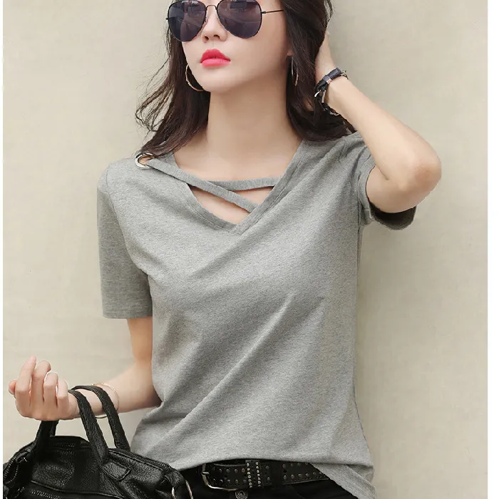 Women's%20Short%20Sleeve%202022%20New%20Summer%20Solid%20Color%20T%20Women's%20T-shirt%20V%20Collar%20Loose%20Korean%20Style%20Hollow%20Top%20Casual%20ins%20T-shirt%20Fashion%20-%20Image%208
