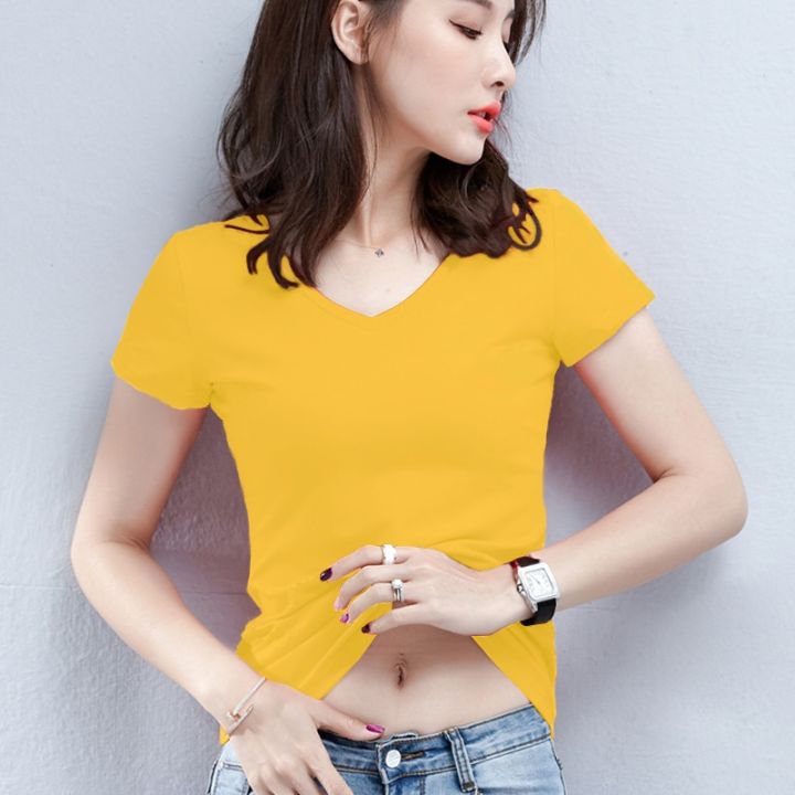 Solid%20V%20Neck%20T%20Shirt%20Women%20Summer%20Slim%20Fit%20Cotton%20T-Shirts%20Short%20Sleeve%20Female%20Casual%20Comfy%20Base%20Shirt%20All%20Match%20Lady%202022%20Tees%20-%20Image%204