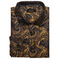 Luxury Men Dress Shirt Formal Prom Tuxedo Long Sleeve Silk Polyester Golden Color Paisley Black Shirts Blouse Men Clothing.